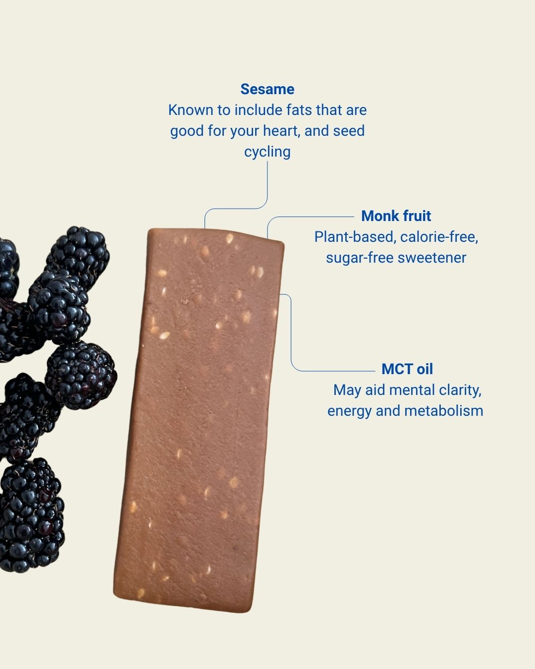 Vital Halva bar Original visible, with description of sesame, monk fruit and mct oil as ingredients