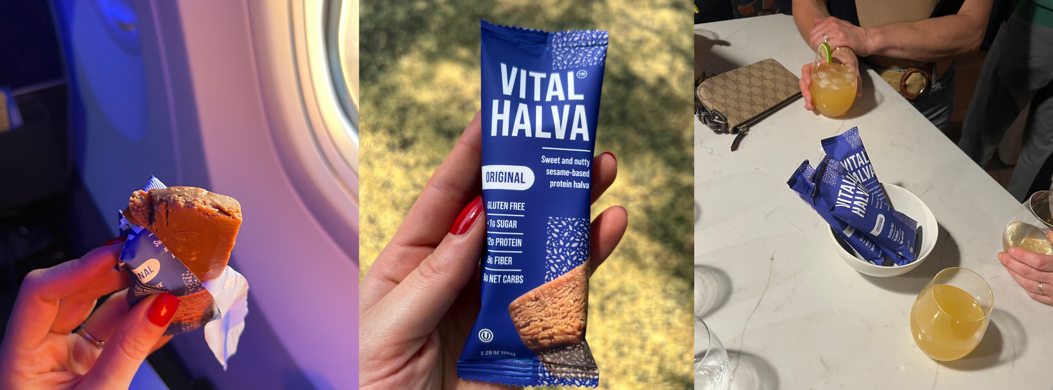 Vital Halva packaging held by a person with a blurred background