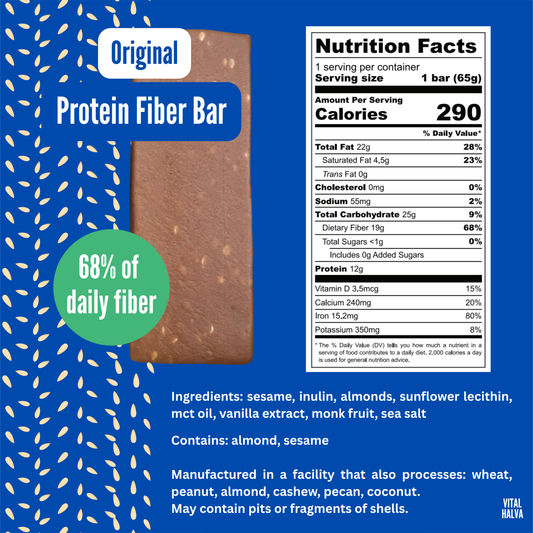 Vital Halva Original protein fiber bar with nutrition facts and ingredient list on a blue background
