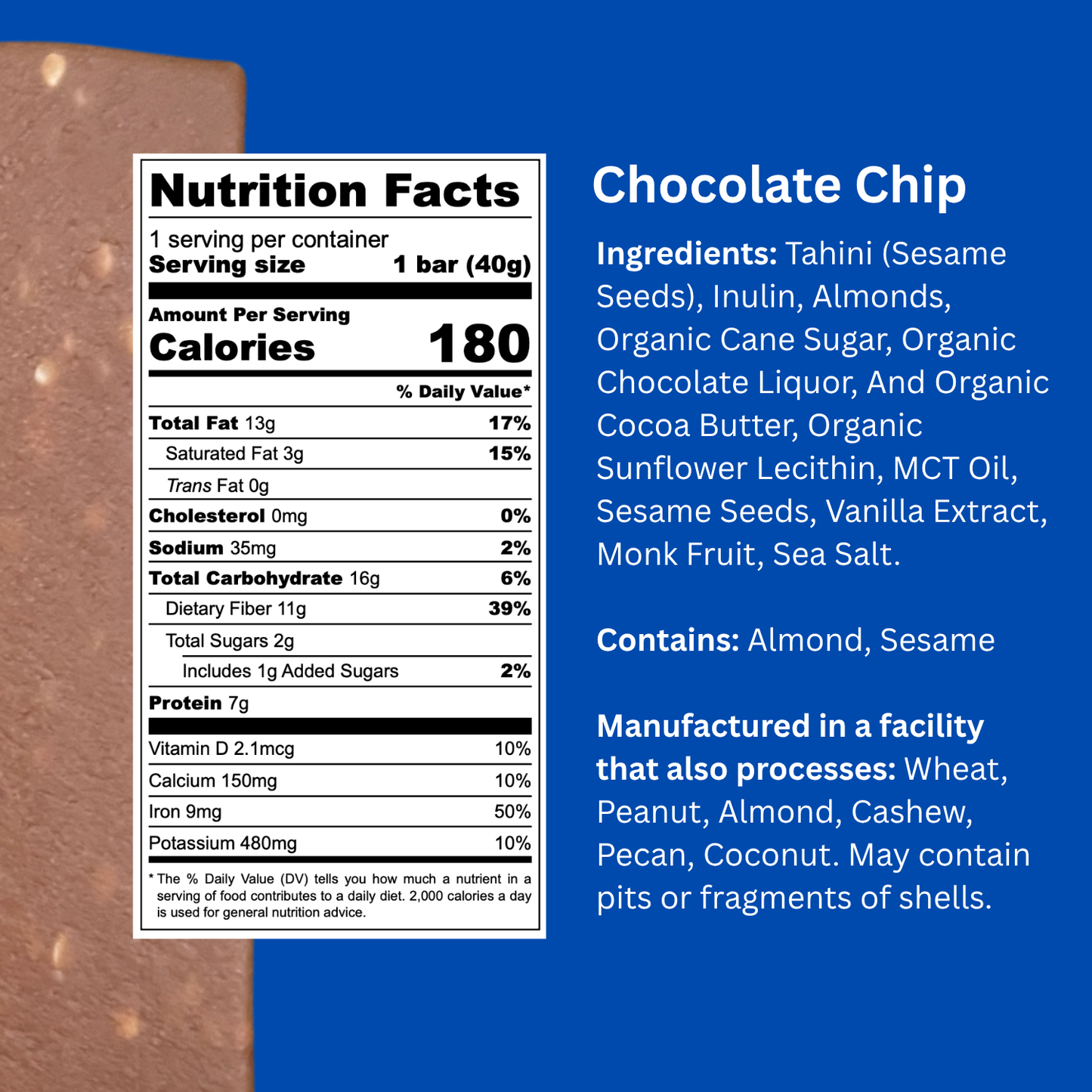 Nutrition facts label and ingredients list for a chocolate chip product on a blue background