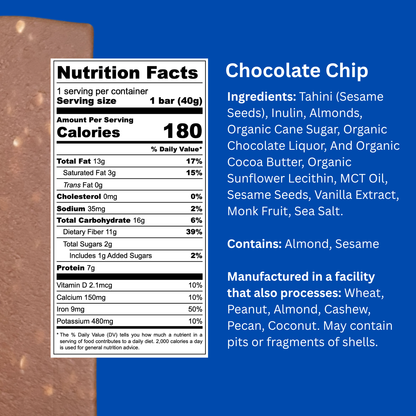 Nutrition facts label and ingredients list for a chocolate chip product on a blue background