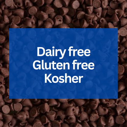 Chocolate chips with a blue label indicating 'Dairy free, Gluten free, Kosher' text.