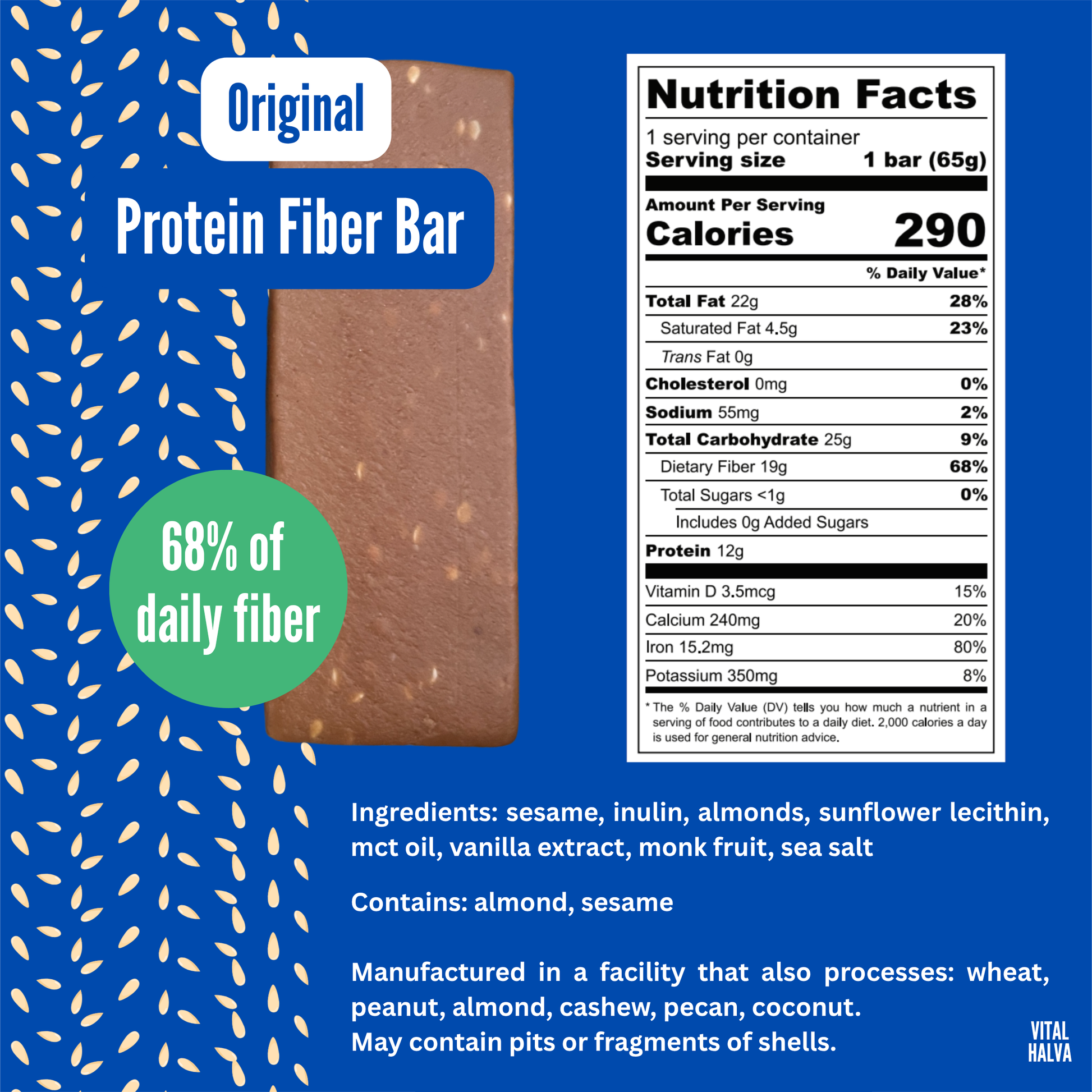 Vital Halva Original protein fiber bar with nutrition facts and ingredient list on a blue background