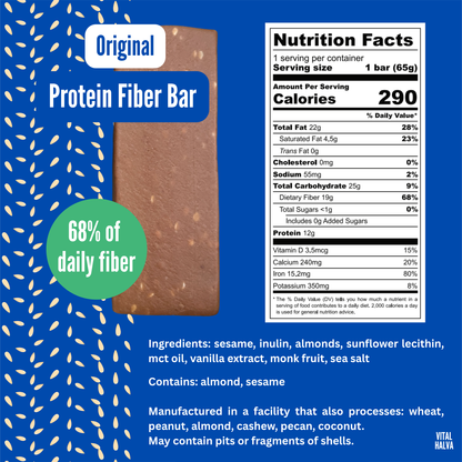 Vital Halva Original protein fiber bar with nutrition facts and ingredient list on a blue background