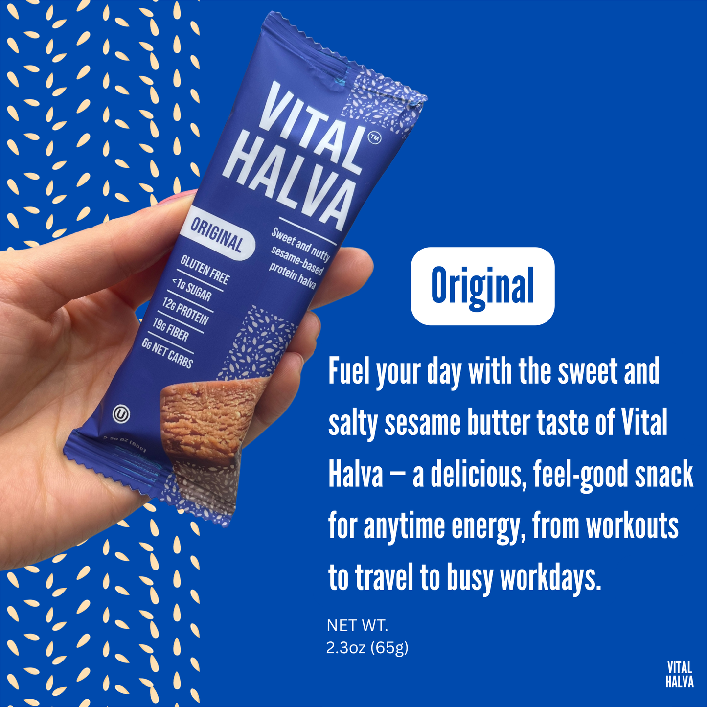 Vital Halva Original snack bar packaging held by a hand with promotional text on a blue background