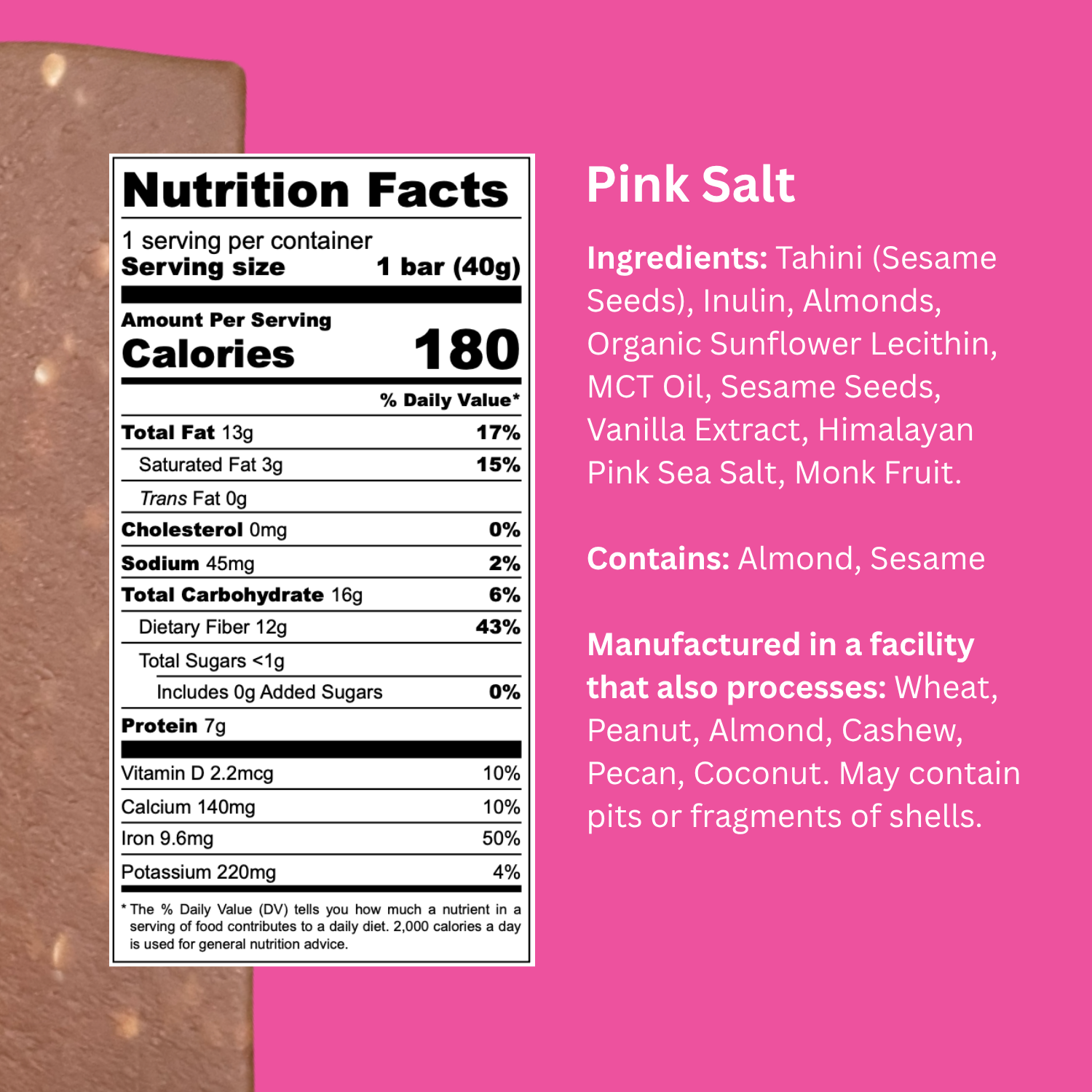 Nutrition facts label and ingredients list on a pink background