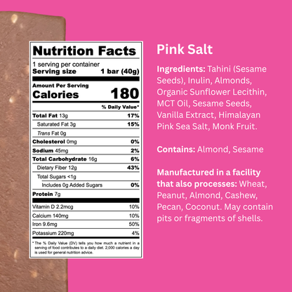 Nutrition facts label and ingredients list on a pink background