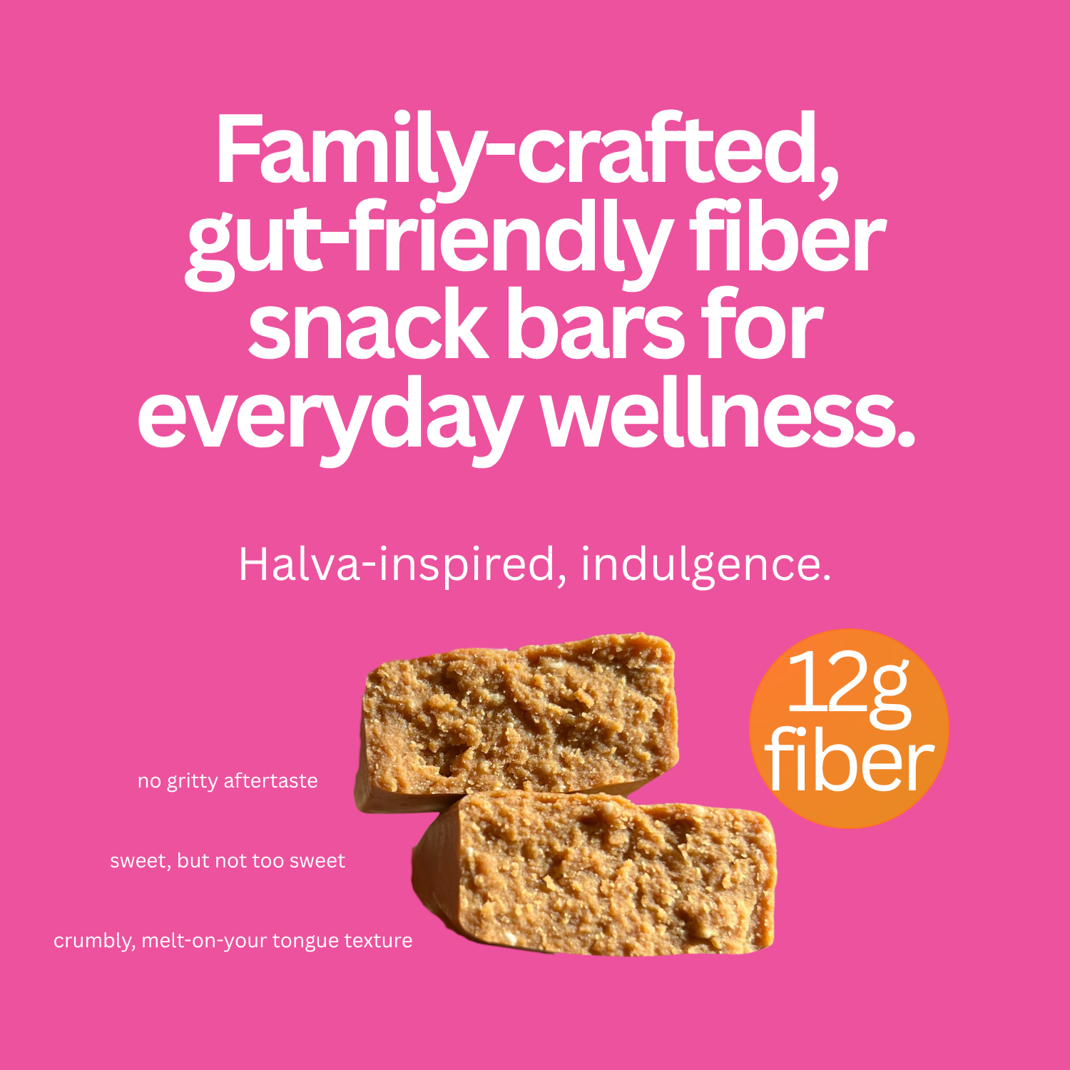 Advertisement for fiber snack bars on a pink background with text highlighting benefits.