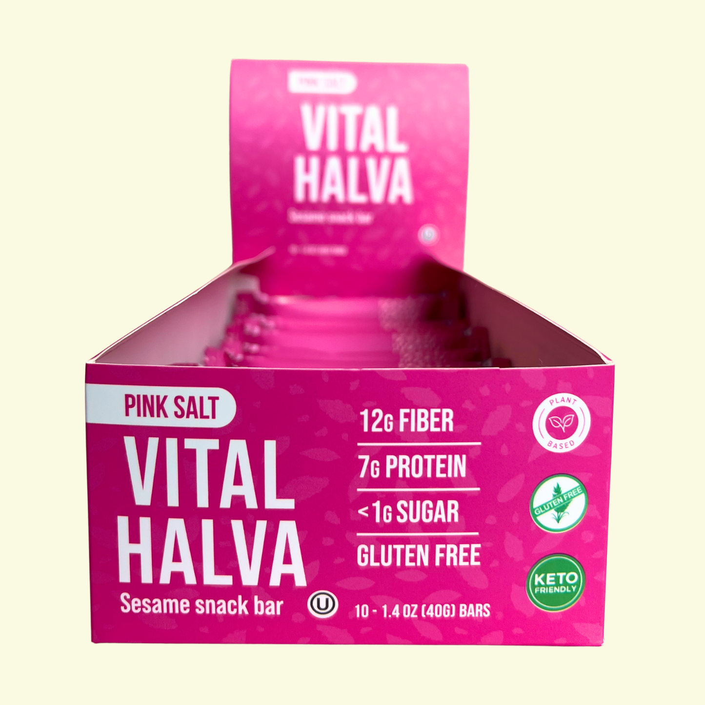 Box of Vital Halva Pink Salt sesame snack bars on a beige background