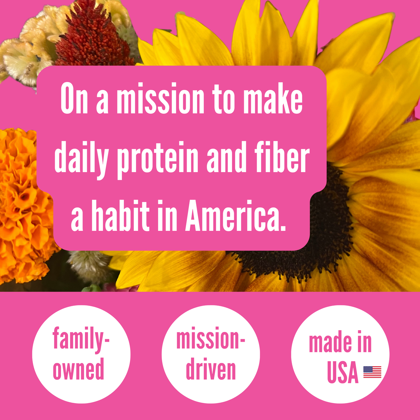 Pink banner with text about making daily protein and fiber a habit in America, surrounded by sunflowers on a pink background.