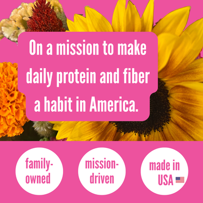 Pink banner with text about making daily protein and fiber a habit in America, surrounded by sunflowers on a pink background.