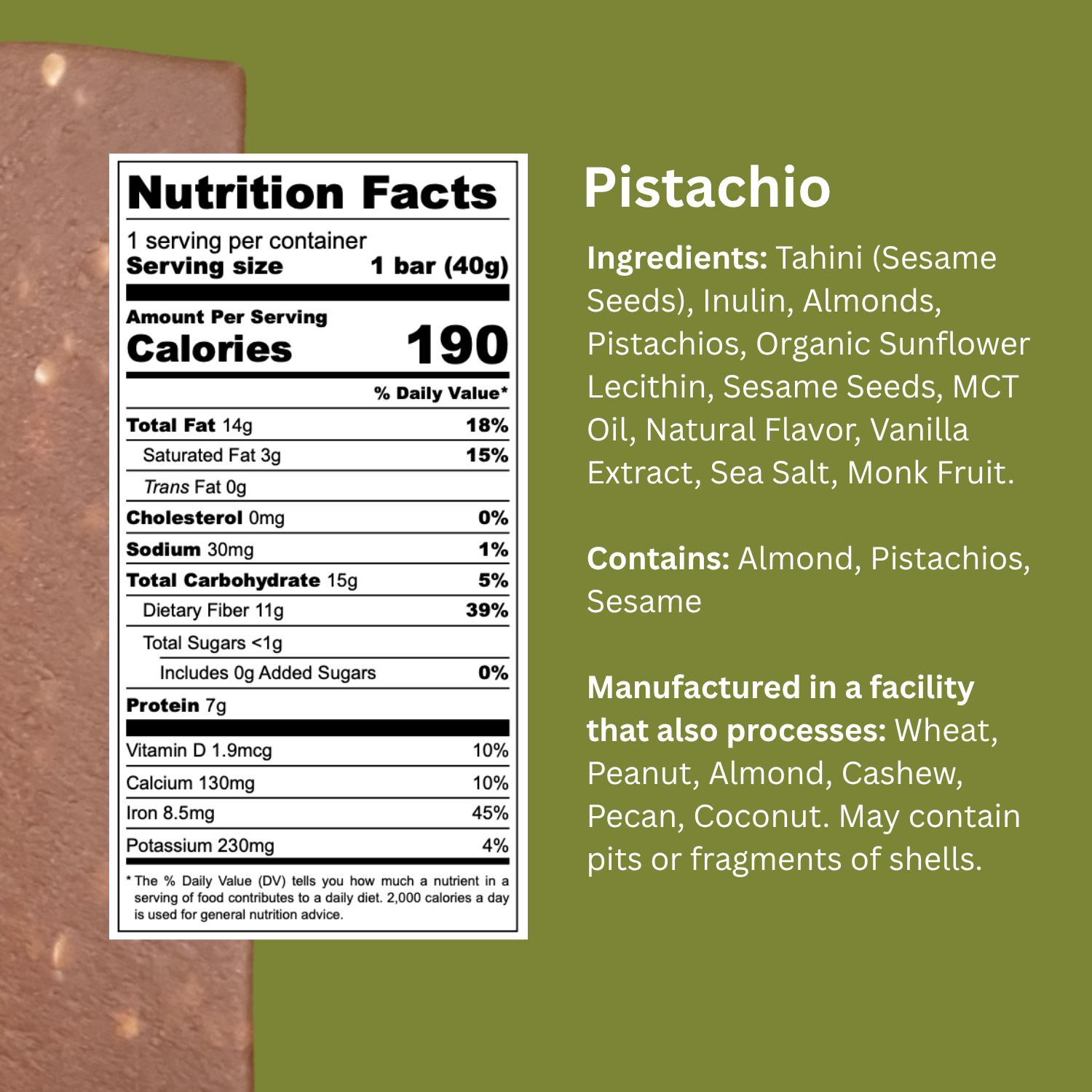 Nutrition facts label and ingredients list for a pistachio-flavored bar on a green background.