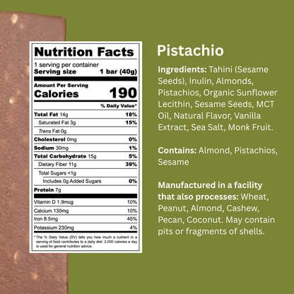 Nutrition facts label and ingredients list for a pistachio-flavored bar on a green background.