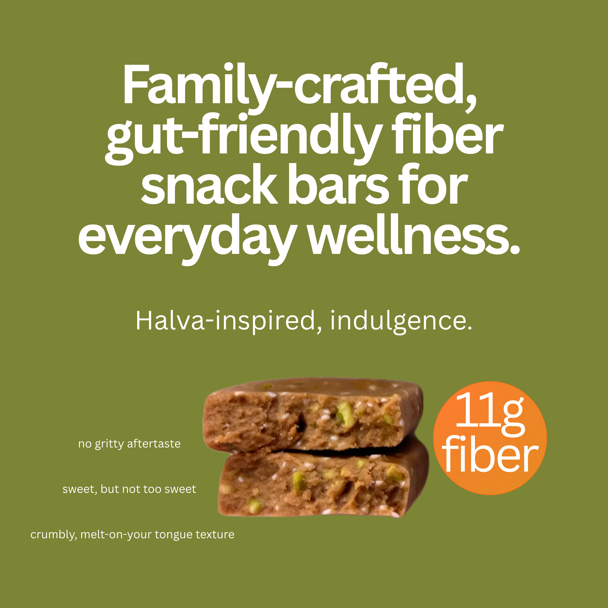 Advertisement for fiber snack bars with text and a stack of bars on a green background