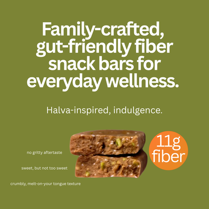 Advertisement for fiber snack bars with text and a stack of bars on a green background