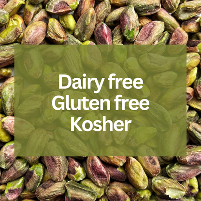 Pistachios with 'Dairy free, Gluten free, Kosher' text overlay on a green background